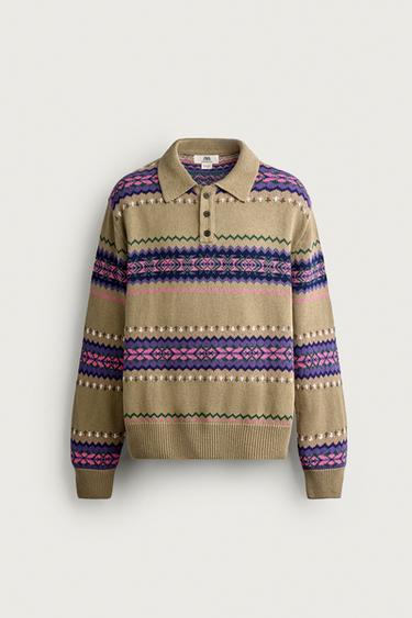COTTON-LINEN JACQUARD KNIT POLO SHIRT - Olive Green by Zara