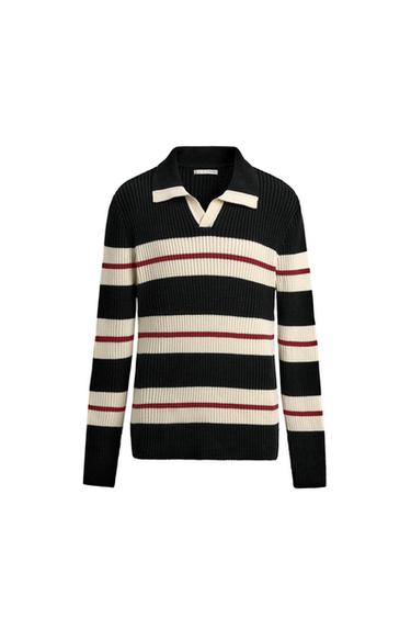 Zara STRIPED JACQUARD KNIT POLO SHIRT - Black