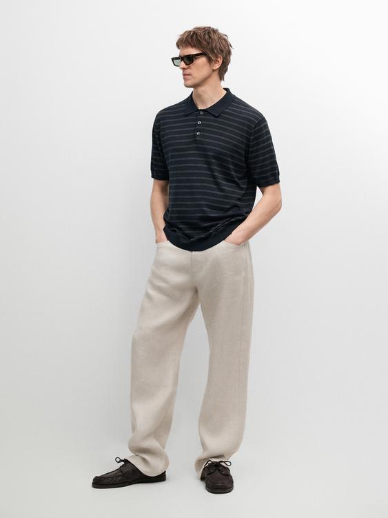 Cotton blend knit polo shirt with striped detail from Zara - $90
