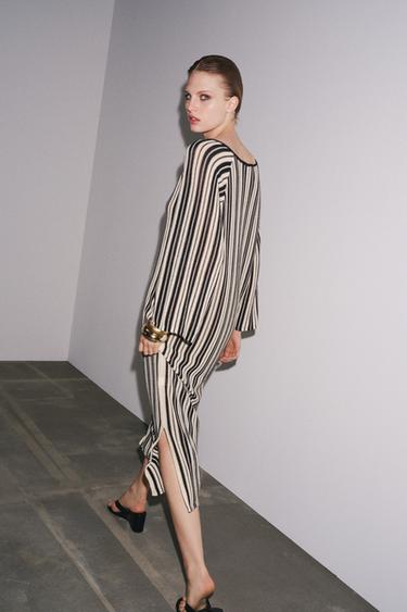 STRIPED KNIT DRESS WITH LINEN - Ecru / Black by Zara - Image 6