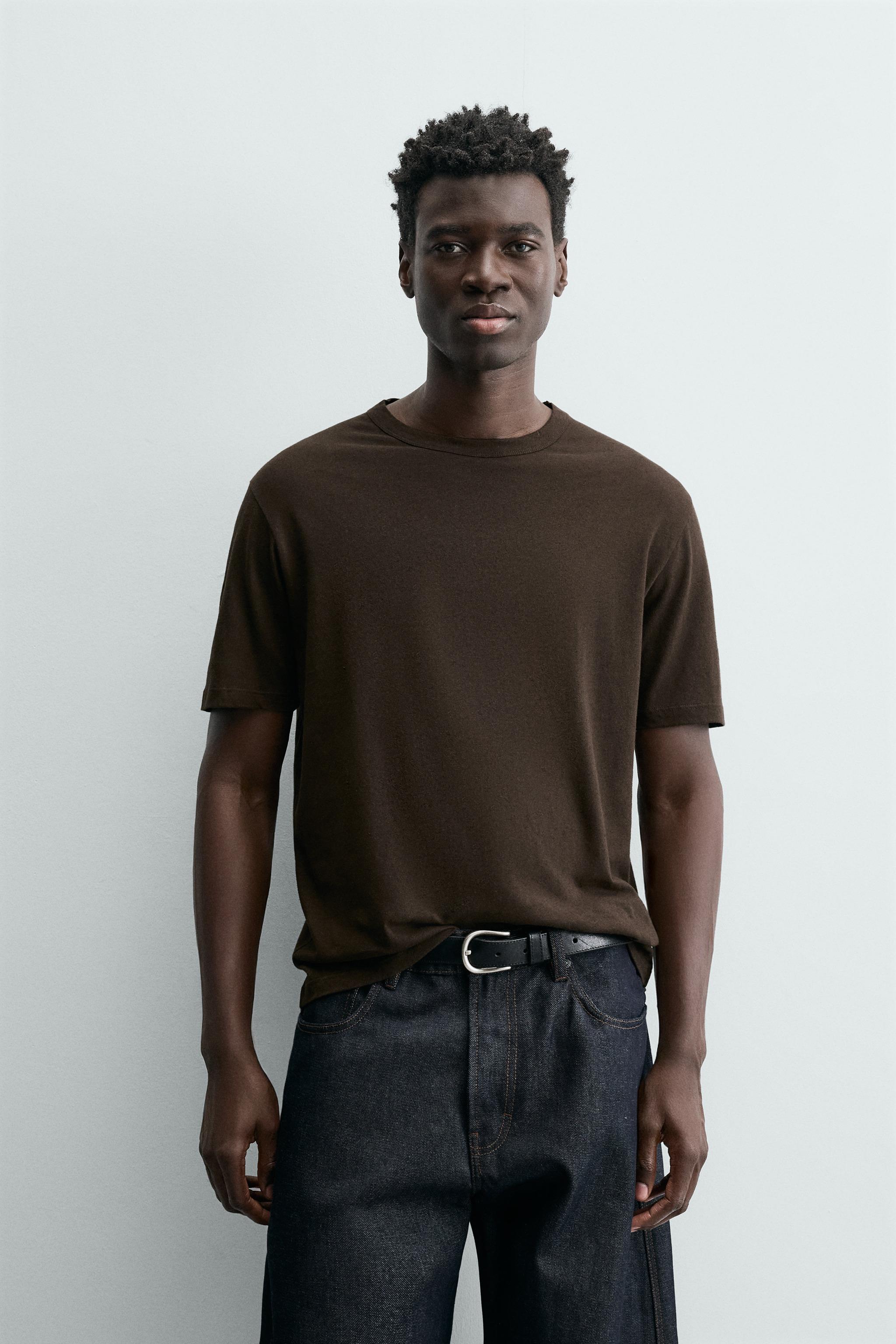 RELAXED FIT LINEN BLEND T-SHIRT - Brown | ZARA South Africa