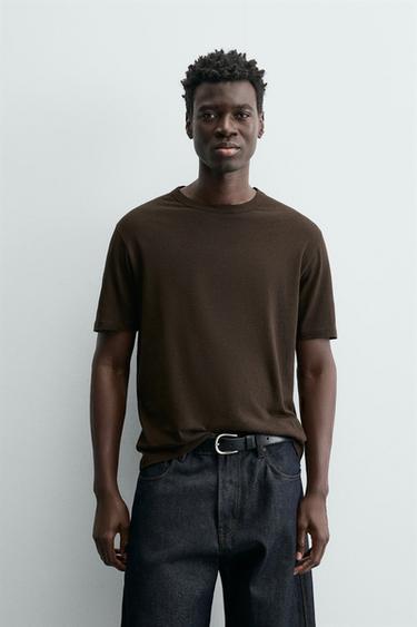 Zara RELAXED FIT LINEN BLEND T-SHIRT - Brown