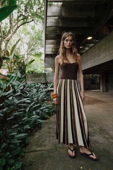 Zara RUSTIC STRIPED DRESS - Ecru / Brown - Image 0