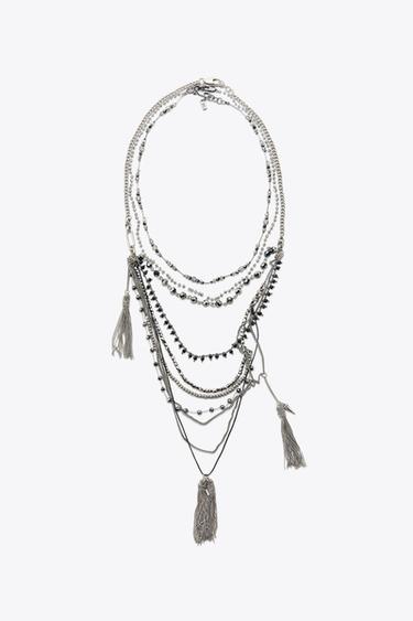 PACK OF 3 BEADED FRINGE NECKLACES - Silver by Zara