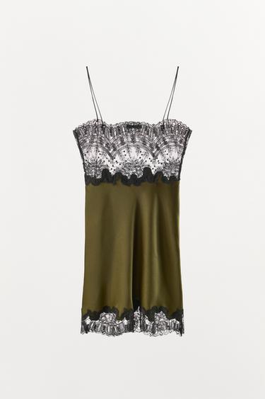 ROBE MIDI SATINÉE DENTELLE - Vert de Zara - Image 3