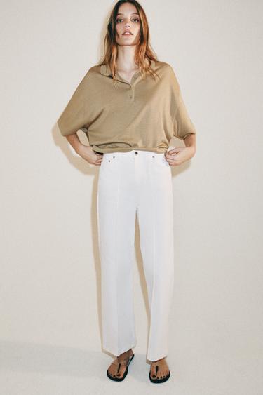 JEANS ZW COLLECTION WIDE LEG خصر عالٍ - أبيض مكسور الخاص بـ Zara