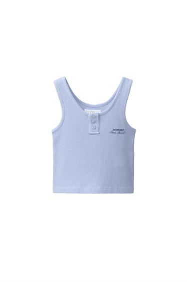 TEXT PRINT WAFFLE TOP - Light blue by Zara