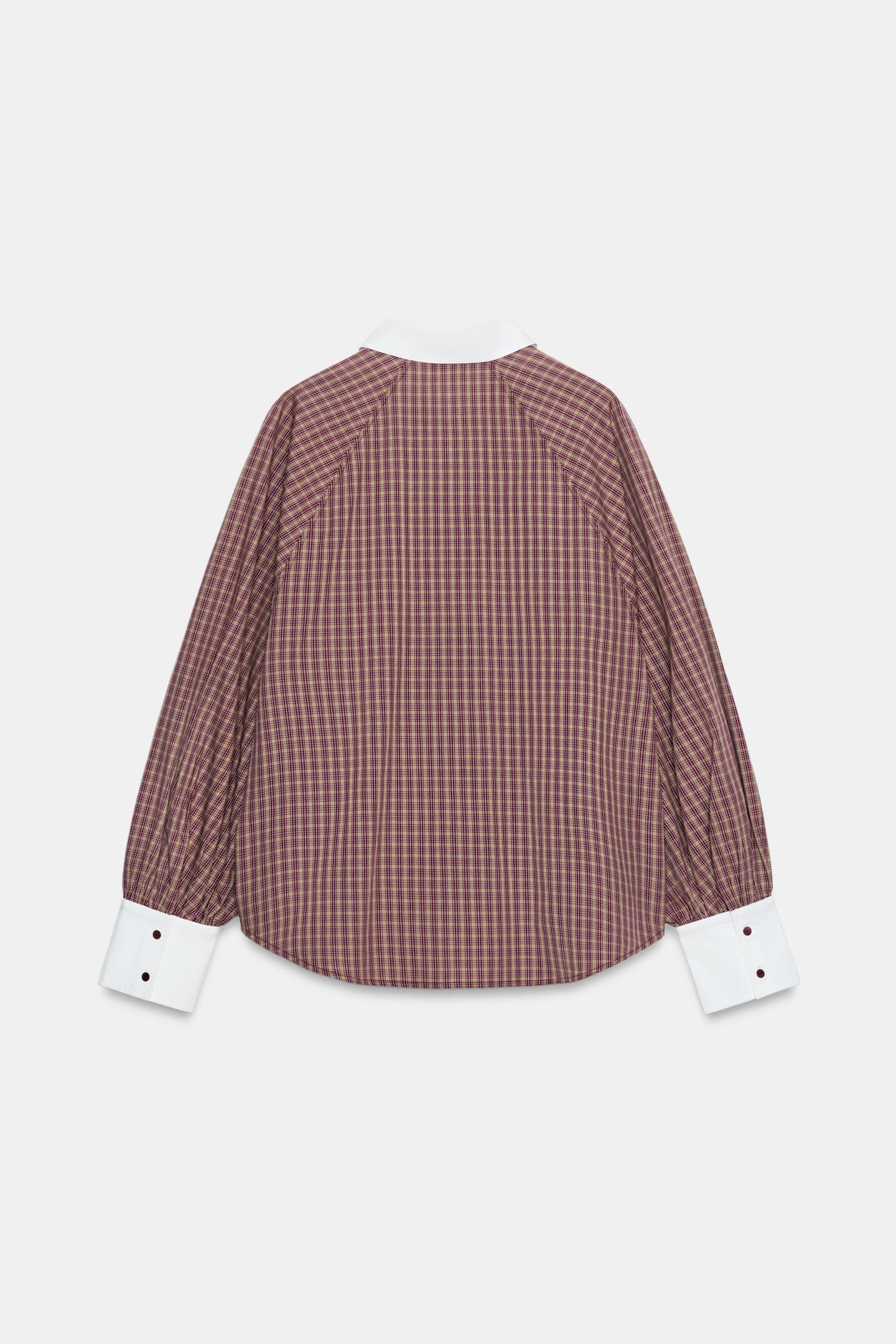 Женская рубашка Zara Combined Check, цвет: Тёмно-бордовый — фото 8