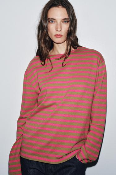 ストライプ ロングスリーブTシャツピンクZaraのストライプ ロングスリーブTシャツ - ピンク 