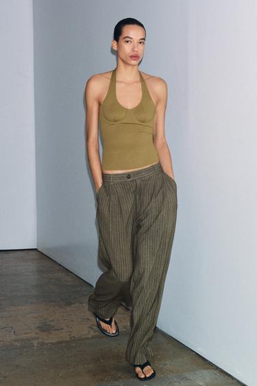 POLYAMIDE HALTER TOP - Olive green by Zara