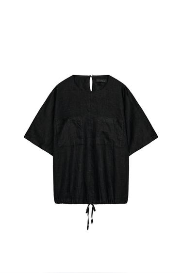 ZW COLLECTION 100% LINEN LACE-UP TOP - Black by Zara