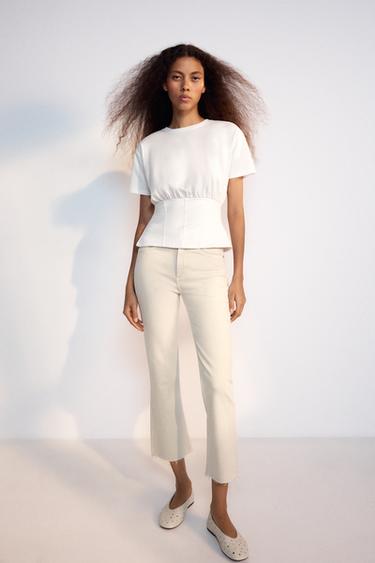 Zara TRF HIGH-WAIST CROPPED FLARE JEANS - Ice