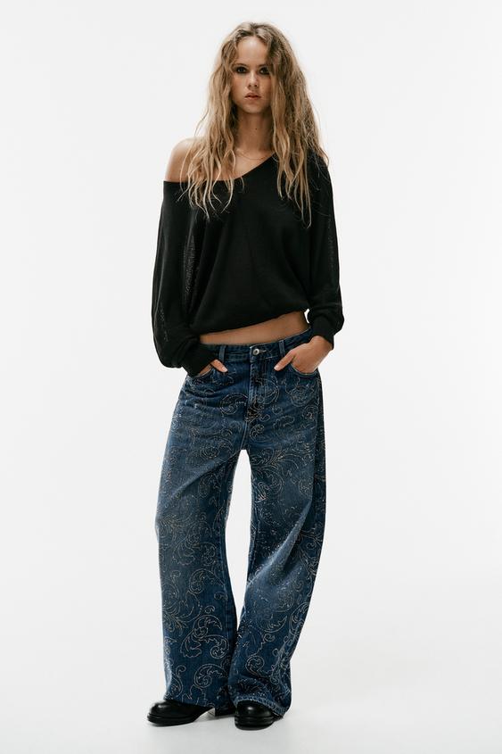 Zara MID-RISE BAGGY RHINESTONE JEANS - Blue - Image 0