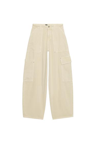 Zara Z1975 MID-RISE BARREL CARGO JEANS - Mid-ecru
