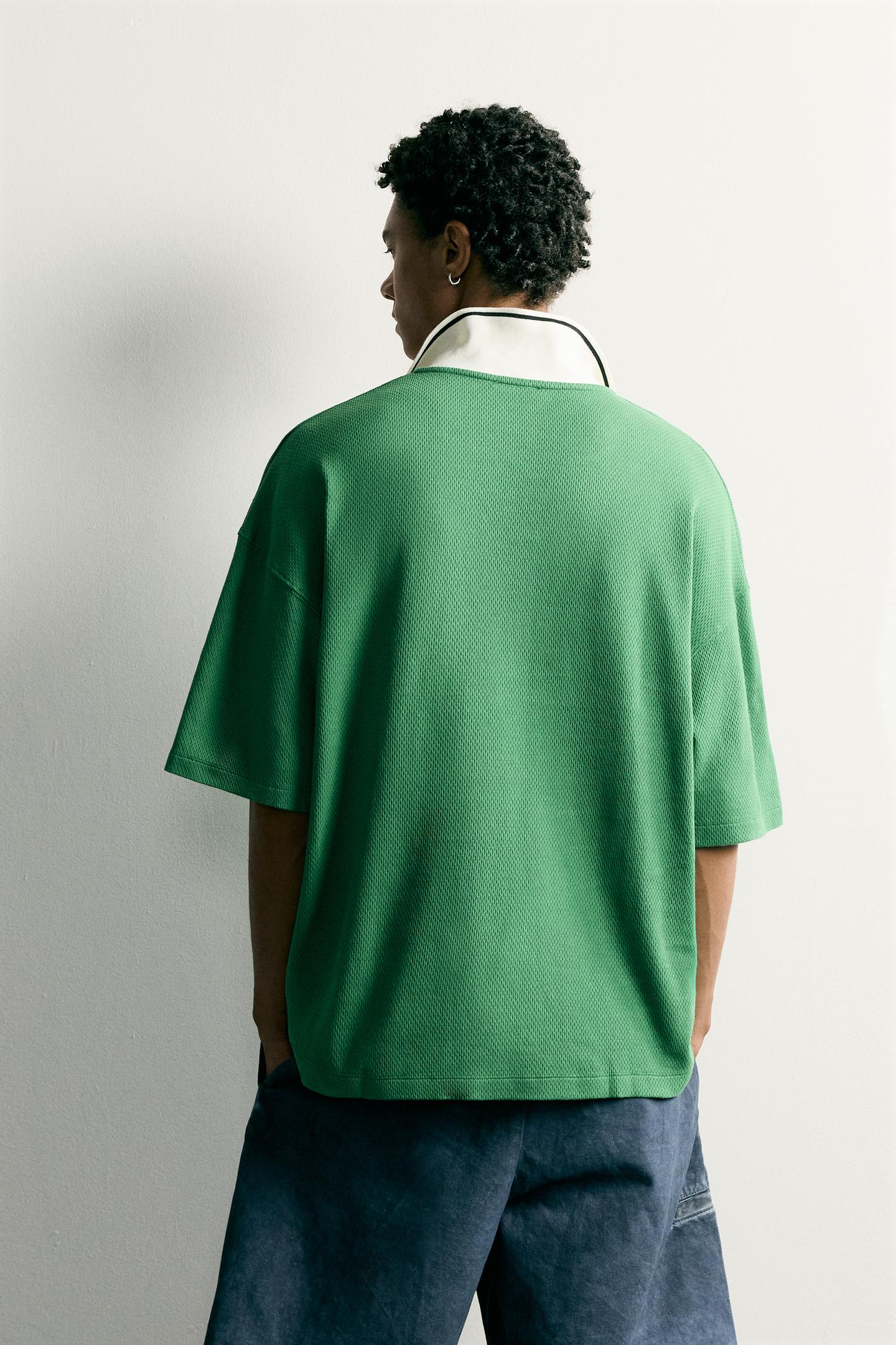 Мужское поло Zara Retro Soccer Relaxed-Fit Polo, цвет: Зелёный / Экрю — фото 3