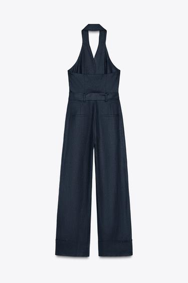 HALTER NECK JUMPSUIT WITH LINEN BLEND BELT - Navy blue by Zara - Image 4