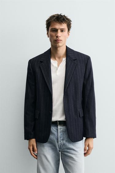 Zara FLANNEL STRIPED BLAZER - Navy blue