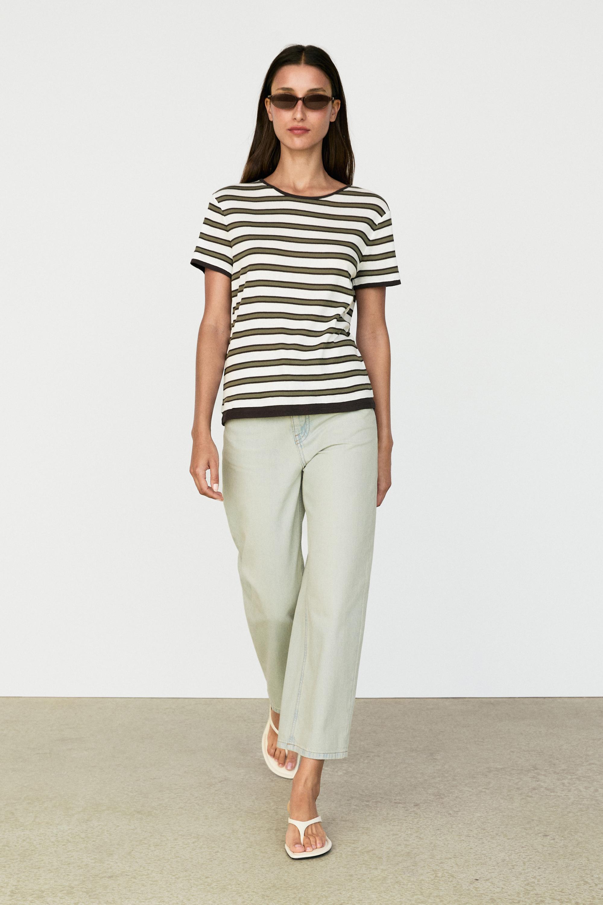 100% cotton short sleeve striped T-shirt — Khaki