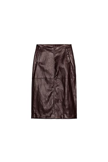 MIDI LEATHER EFFECT SKIRT - Burgundy by Zara