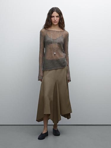 Zara Asymmetric flounce midi skirt - Khaki - Image 0