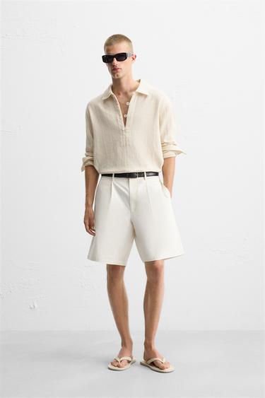 BERMUDA EN COTON - LIN PLIS - Blanc de Zara