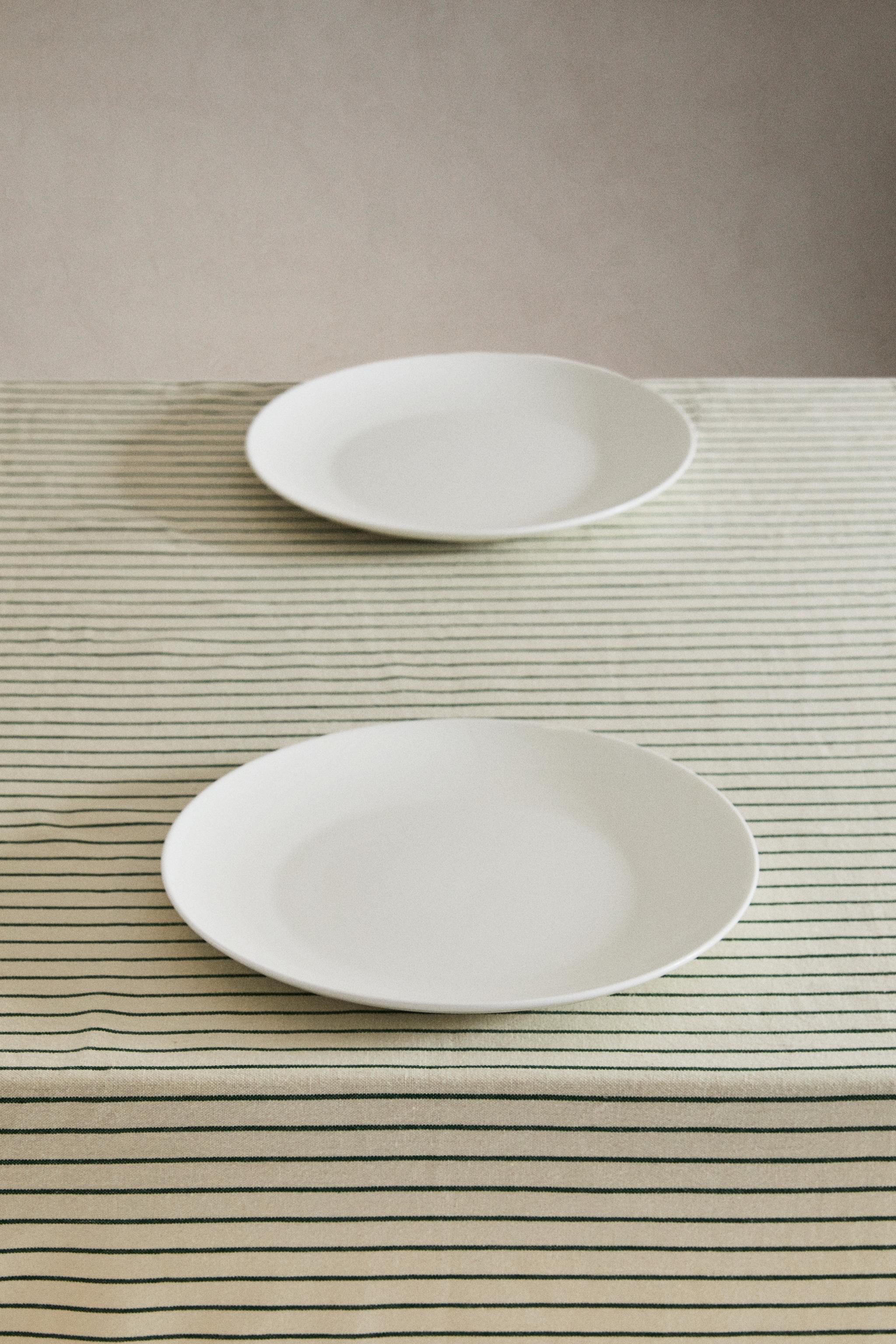 STRIPED TABLECLOTH WITH FRINGES — Ecru