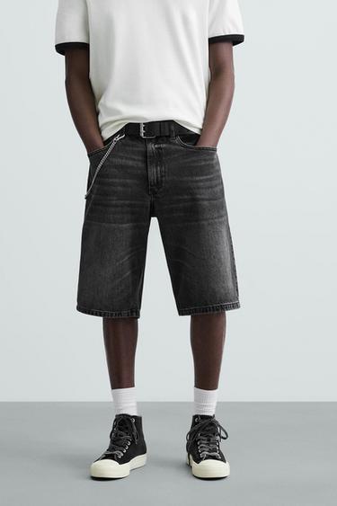Zara BAGGY FIT DENIM SHORTS - Black