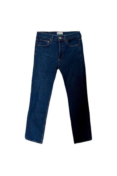 Dark blue straight-fit jeans on a white background. Interior label with the text ZARA.