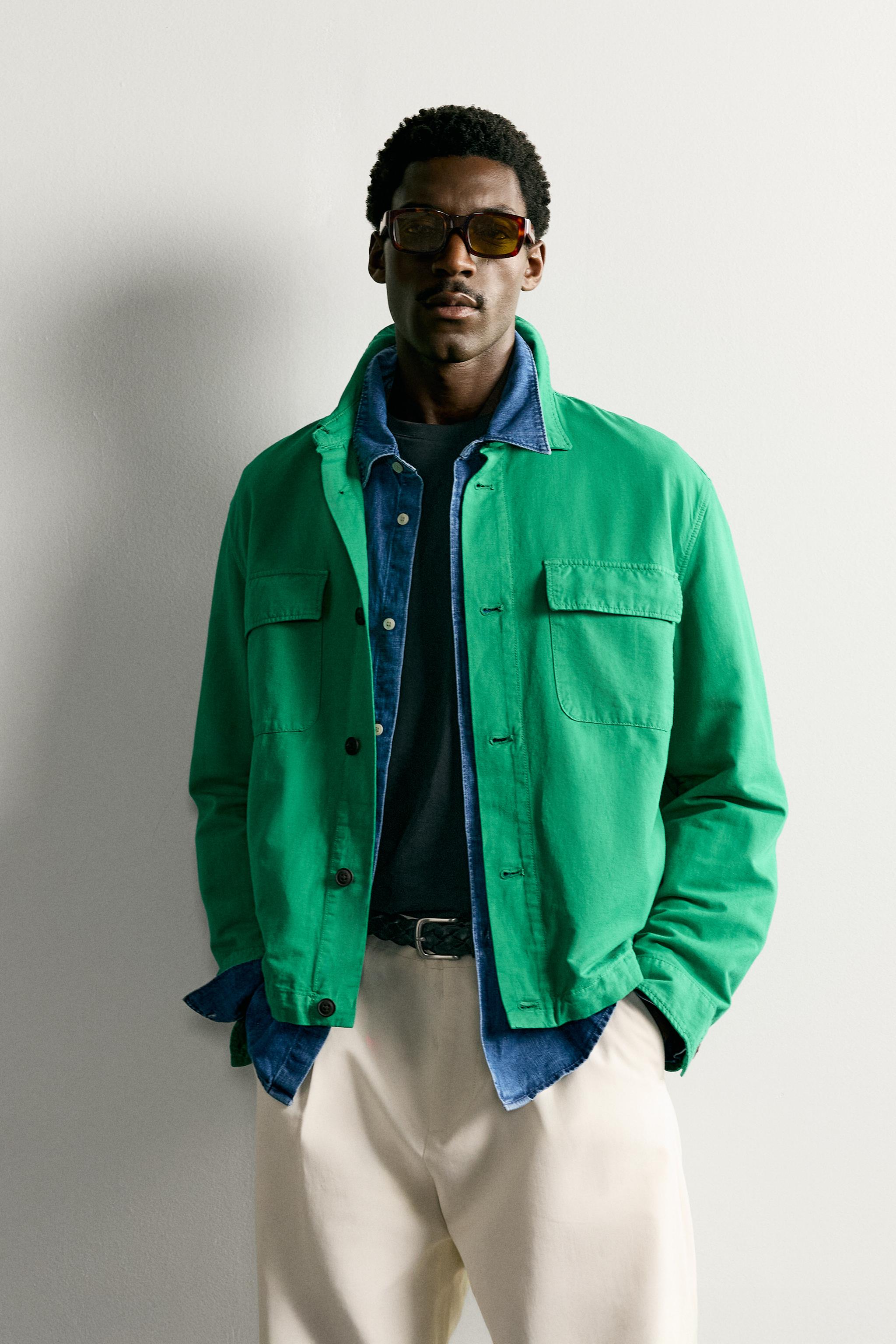 COTTON LINEN REGULAR FIT OVERSHIRT — Green