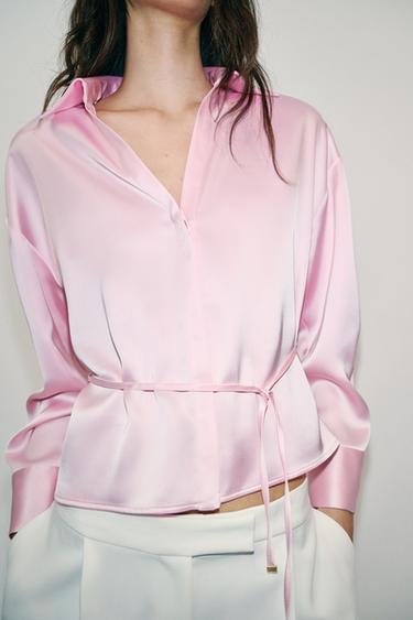 Zara SATIN EFFECT BLOUSE WITH THIN BELT - Pink