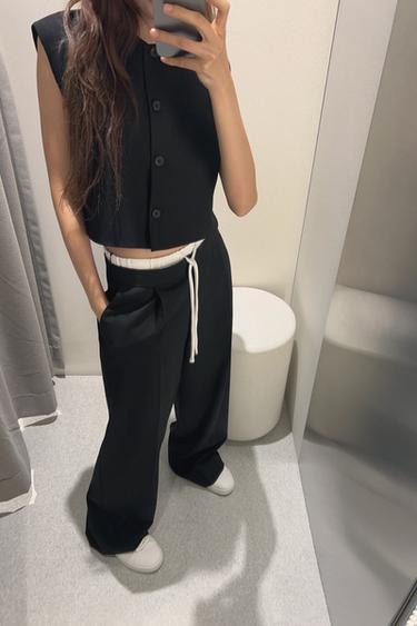 WIDE-LEGパンツ ダブルウエストバンドブラックZaraのWIDE-LEGパンツ ダブルウエストバンド - ブラック