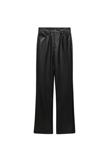 STRAIGHT FIT LONG LENGTH MID RISE FAUX LEATHER TROUSERS