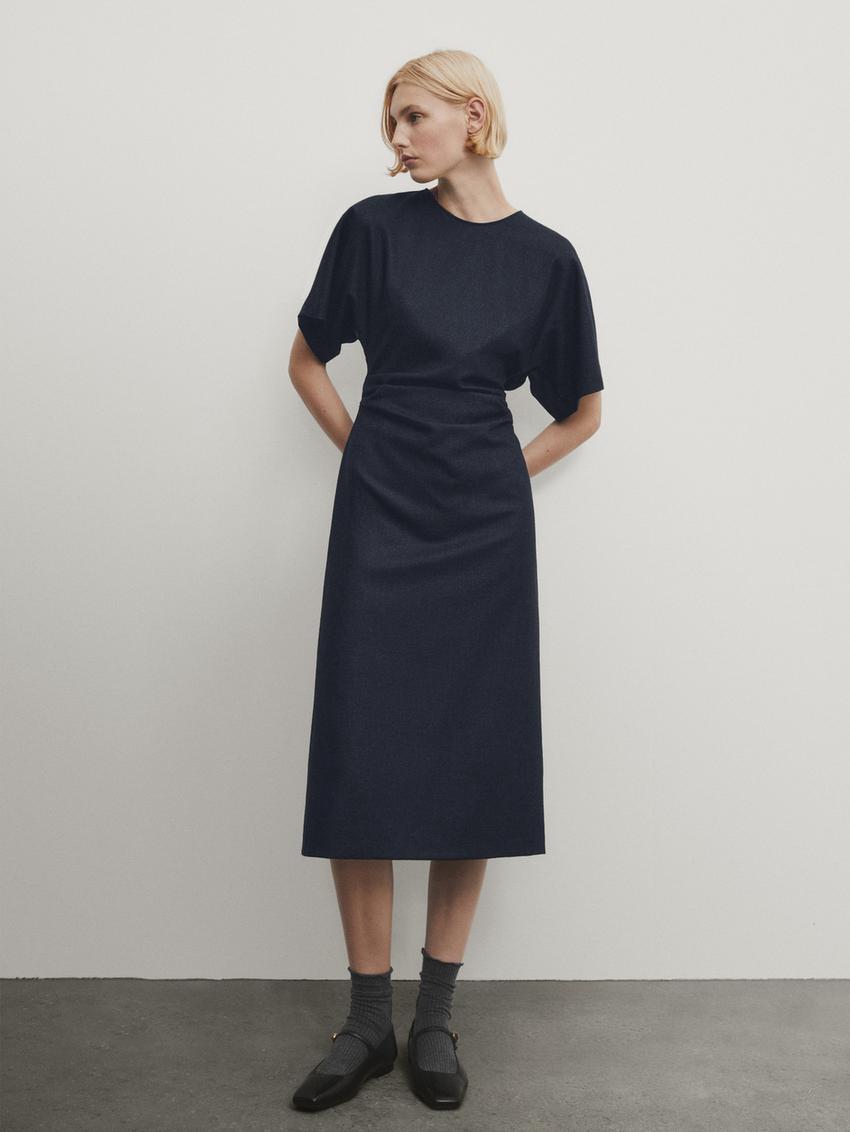 Wool blend midi dress with gathered detail - Navy blue