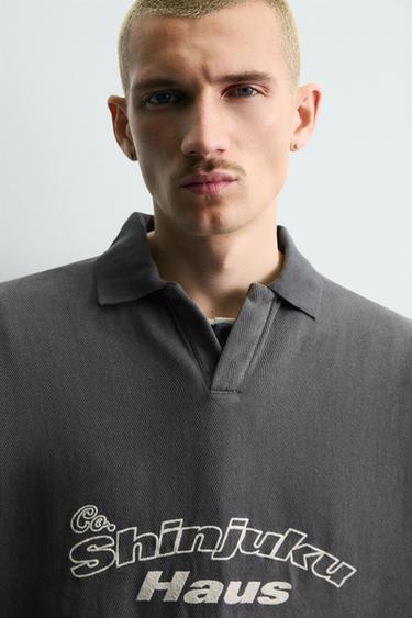 Zara EMBROIDERED TEXT POLO SHIRT - Gray