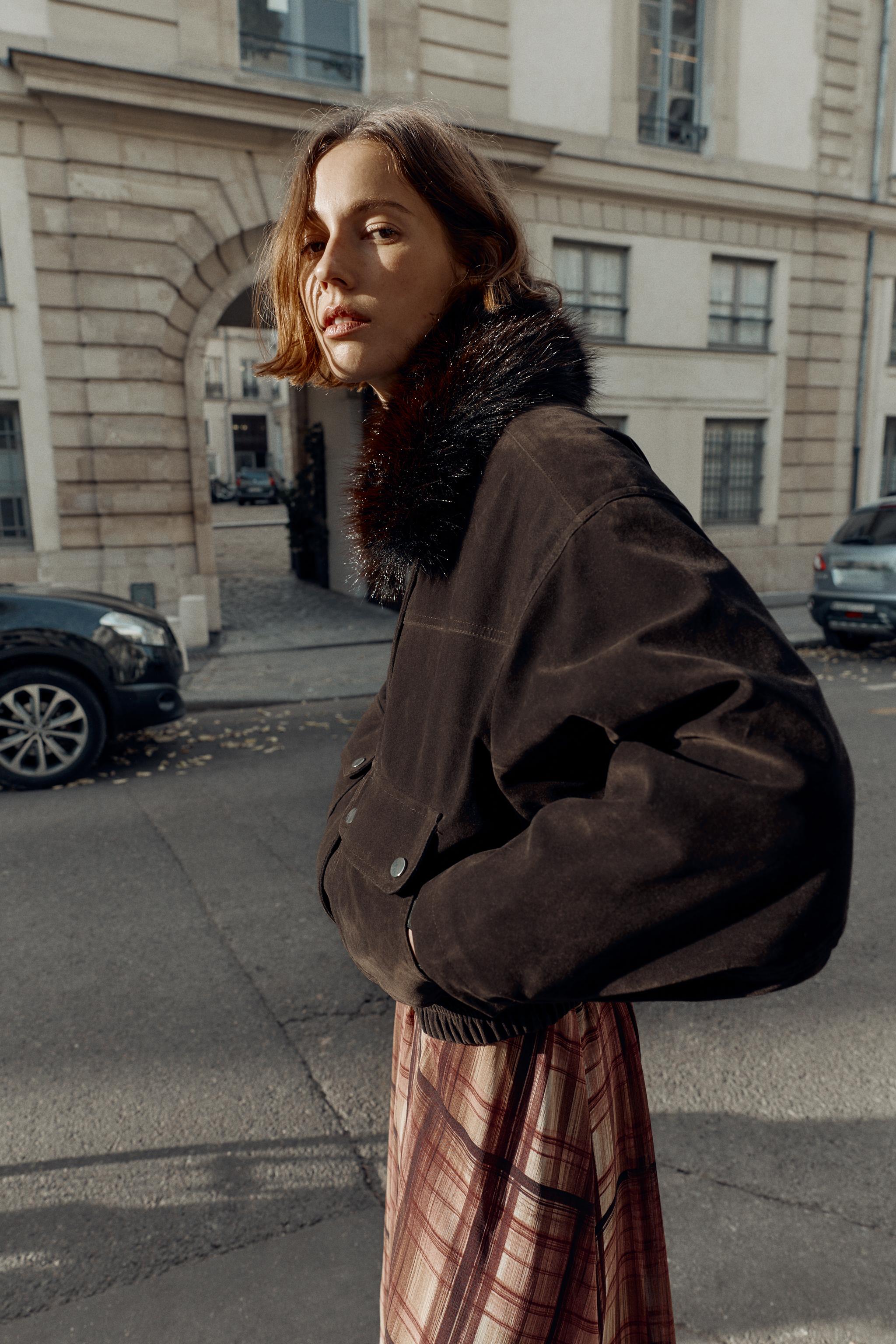 OVERSIZED BOMBER JACKET WITH FAUX FUR LAPEL