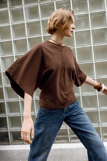 Zara HENLEY T-SHIRT - Brown