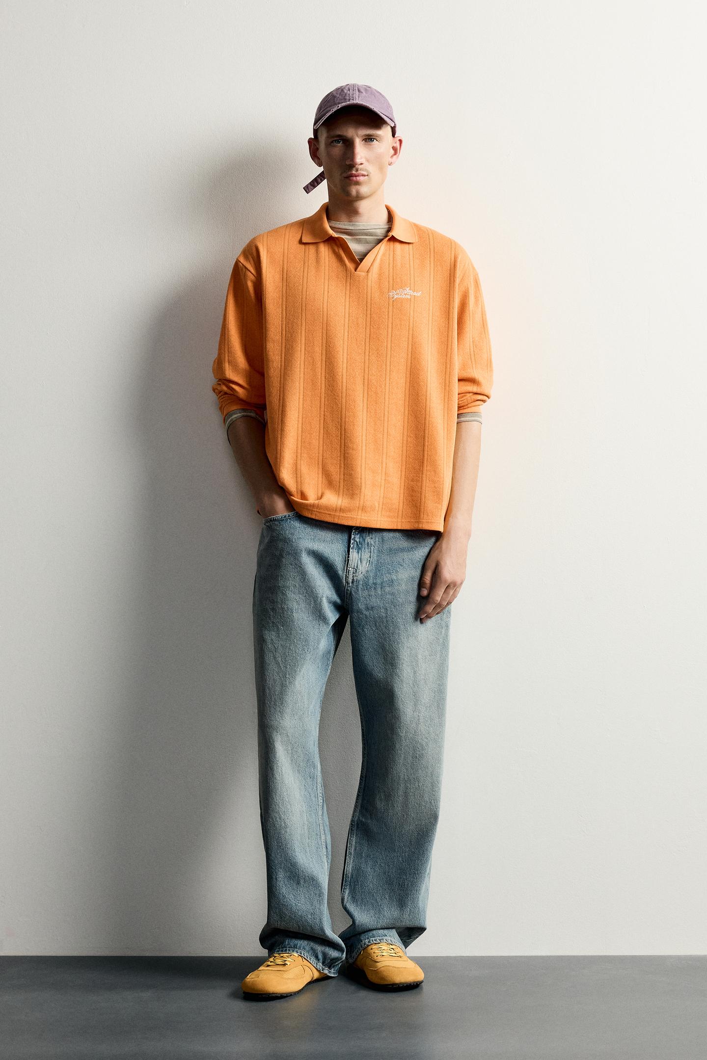 Мужское поло Zara Embroidered Text Jacquard Polo, цвет: Оранжевый — фото 1