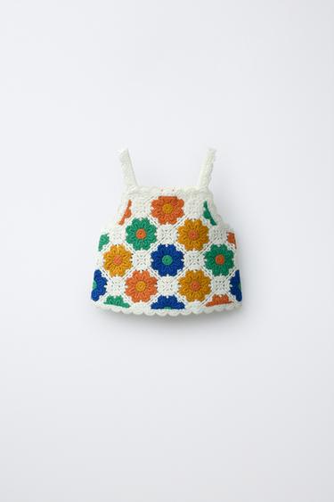 Zara CROCHET KNIT FLORAL TOP - Multicolored