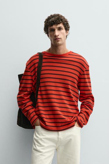 Zara CONTRAST STRIPE T-SHIRT - Red / Black