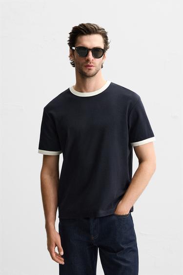 BASIC CONTRAST RIB T-SHIRT - Navy blue by Zara