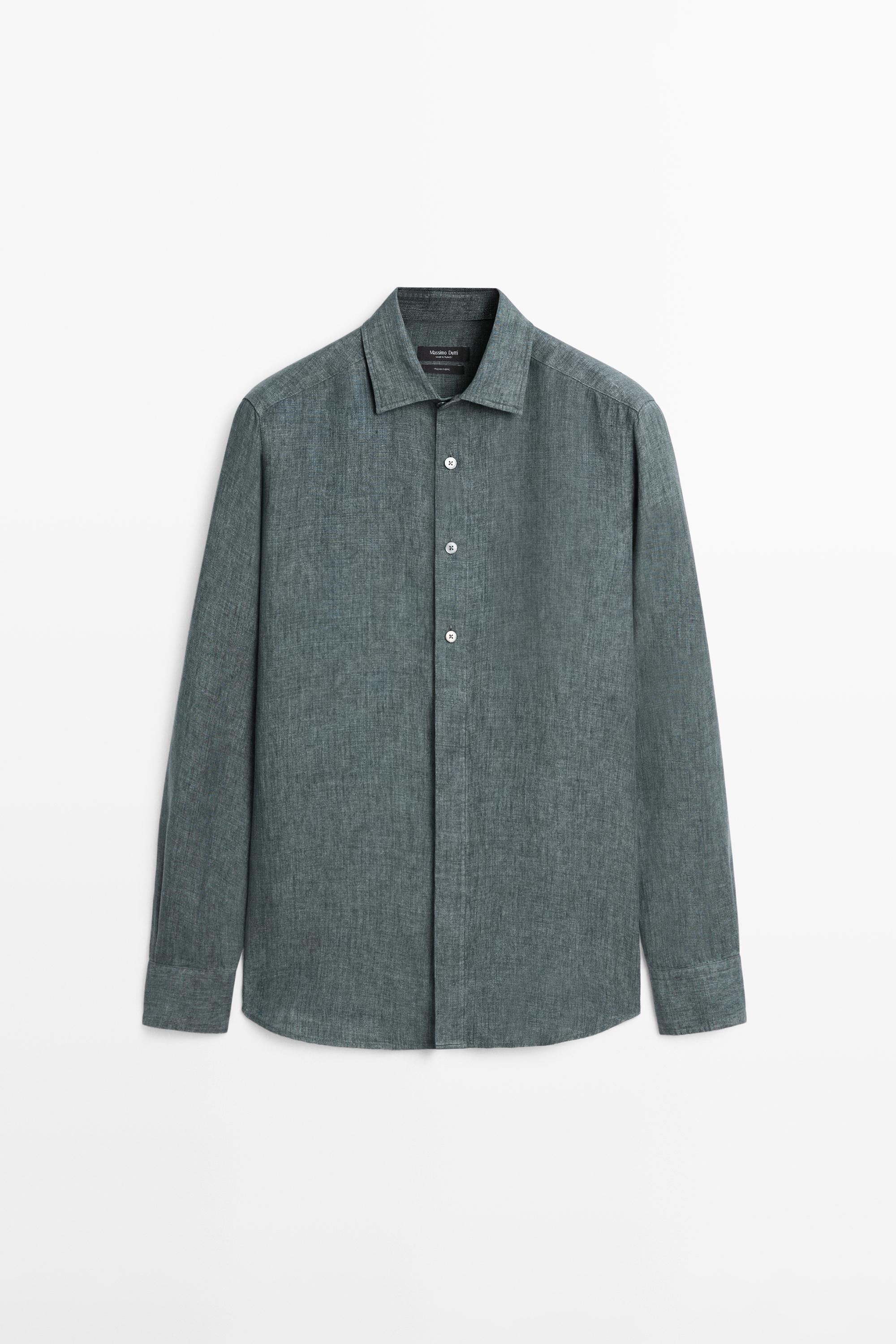 Regular fit linen shirt with placket — Blue