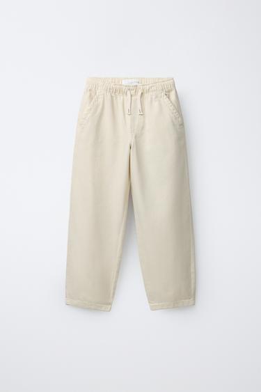 Zara STRAIGHT FLOWY TWILL PANTS - Ecru