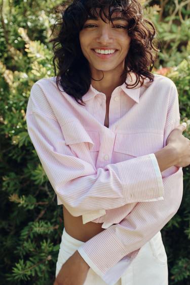 КОРОТКАЯ РУБАШКА ОКСФОРД — Белый / Розовый от Zara — изображение 0