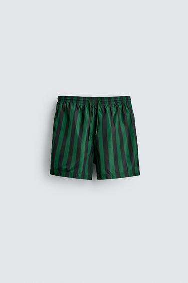 Zara STRIPED MID-LENGTH SWIM TRUNKS - Green