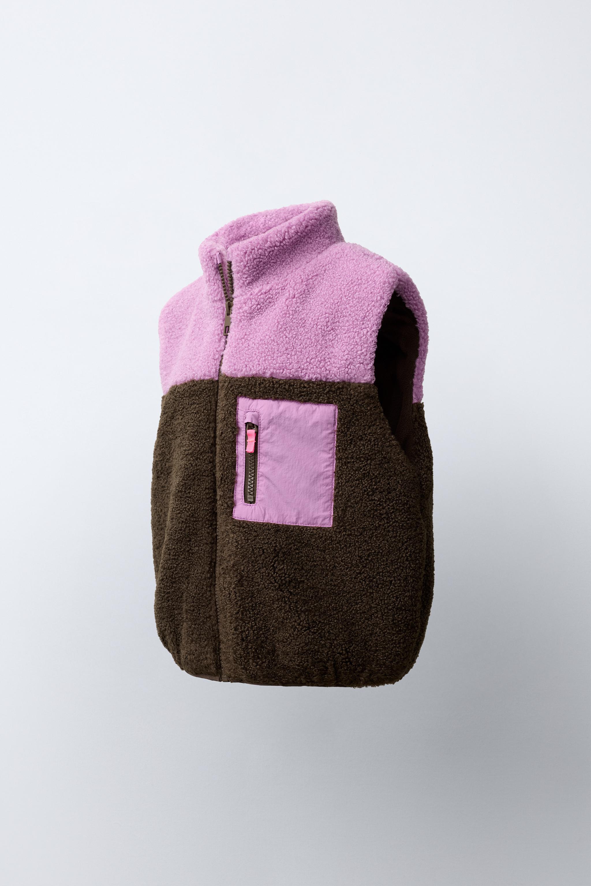 COLORBLOCK FAUX SHEARLING VEST — Brown