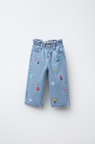 JEANS PAPERBAG FLORES BORDADAS - Azul de Zara