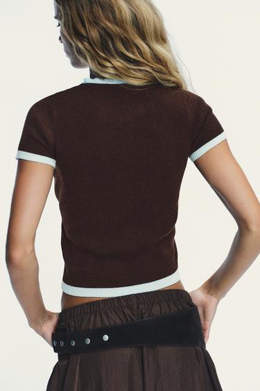 SHORT SLEEVE CONTRAST KNIT CARDIGAN - Brown by Zara - Image 3