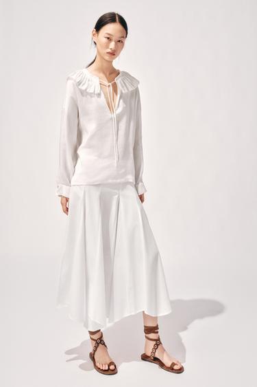 LINEN AND SILK BLEND SHIRT ZW COLLECTION - Oyster-white by Zara