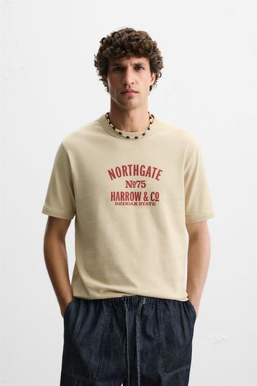 RIBBED SLOGAN T-SHIRT - camel by Zara