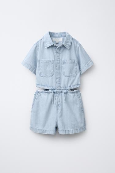 Zara CUT OUT DENIM SHORT JUMPSUIT - Blue